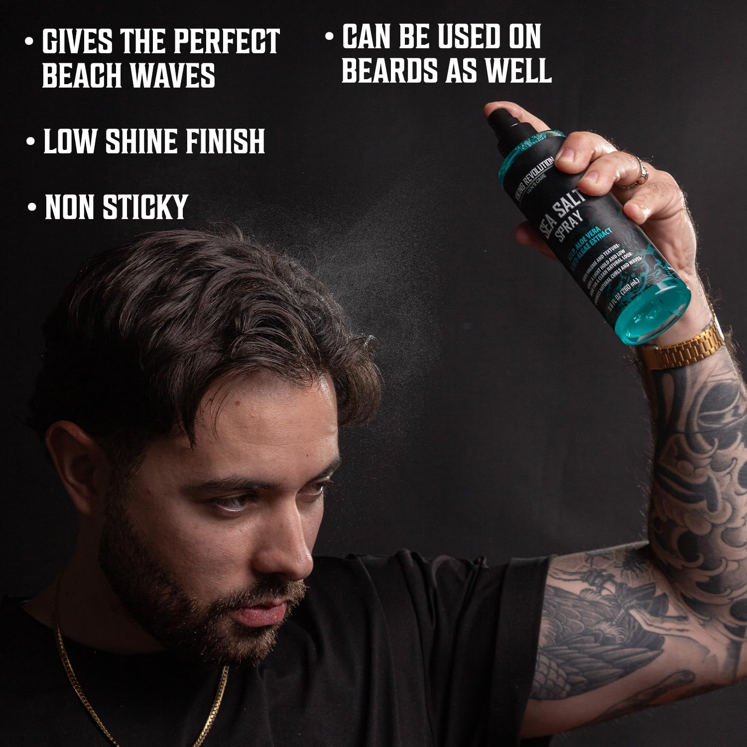 Man sprays hair with Sea Salt Spray from Men Hair Styling Kit—great for hair and beard benefits.