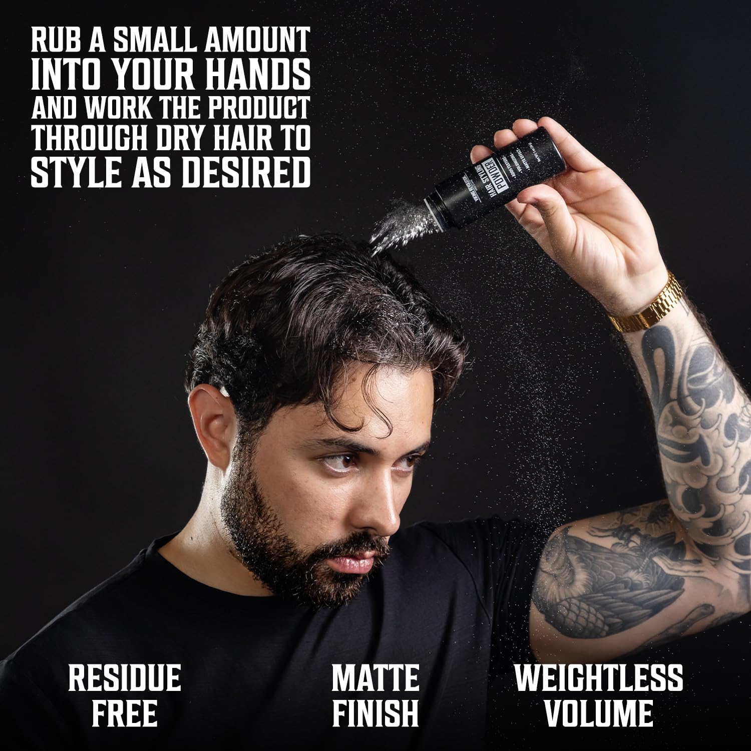 Man using Men Hair Styling Kit: Sea Salt Spray, Sandalwood Clay & Styling Powder for residue-free volume.