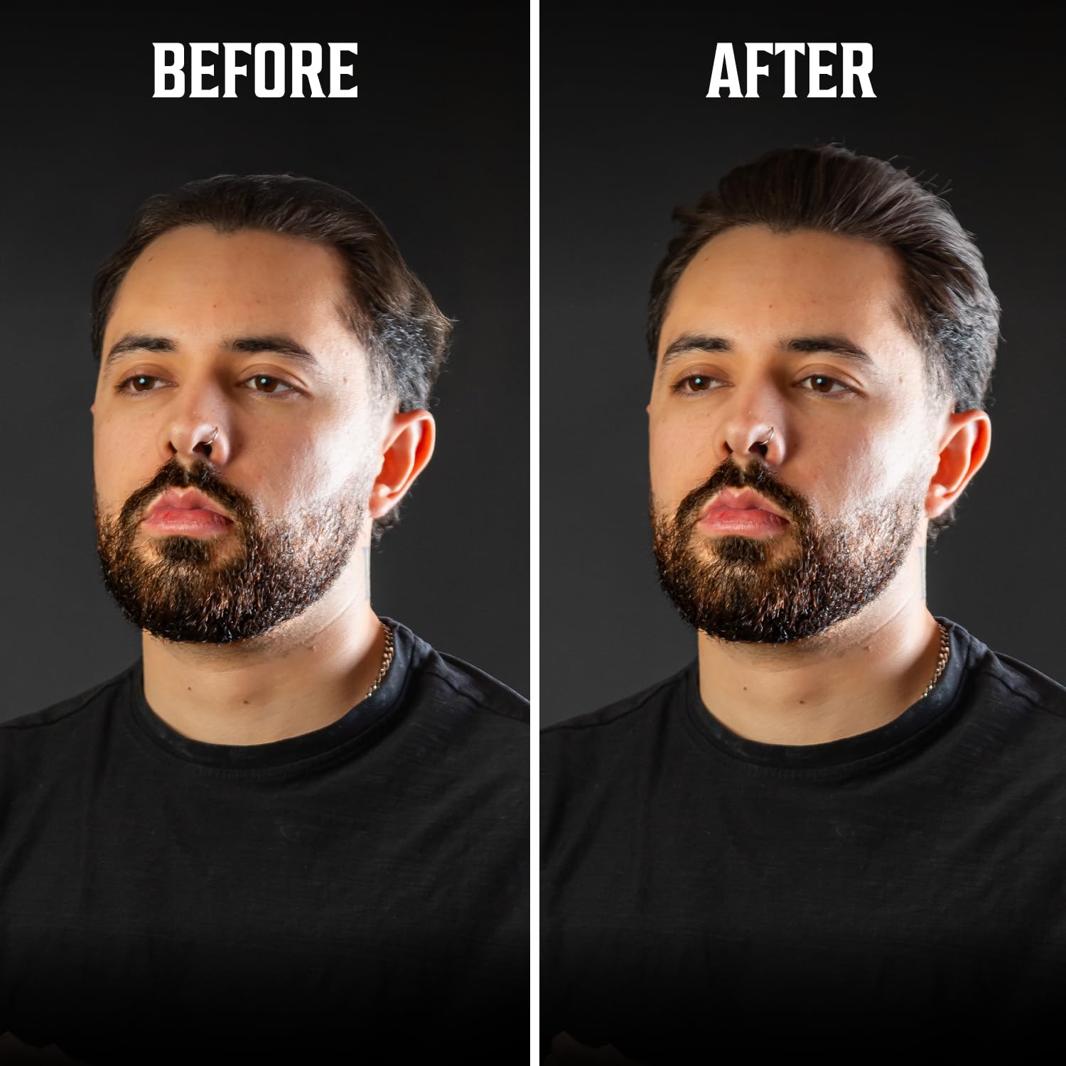 Before-and-after of a man using the Men Hair Styling Kit for a neater hair and beard look.