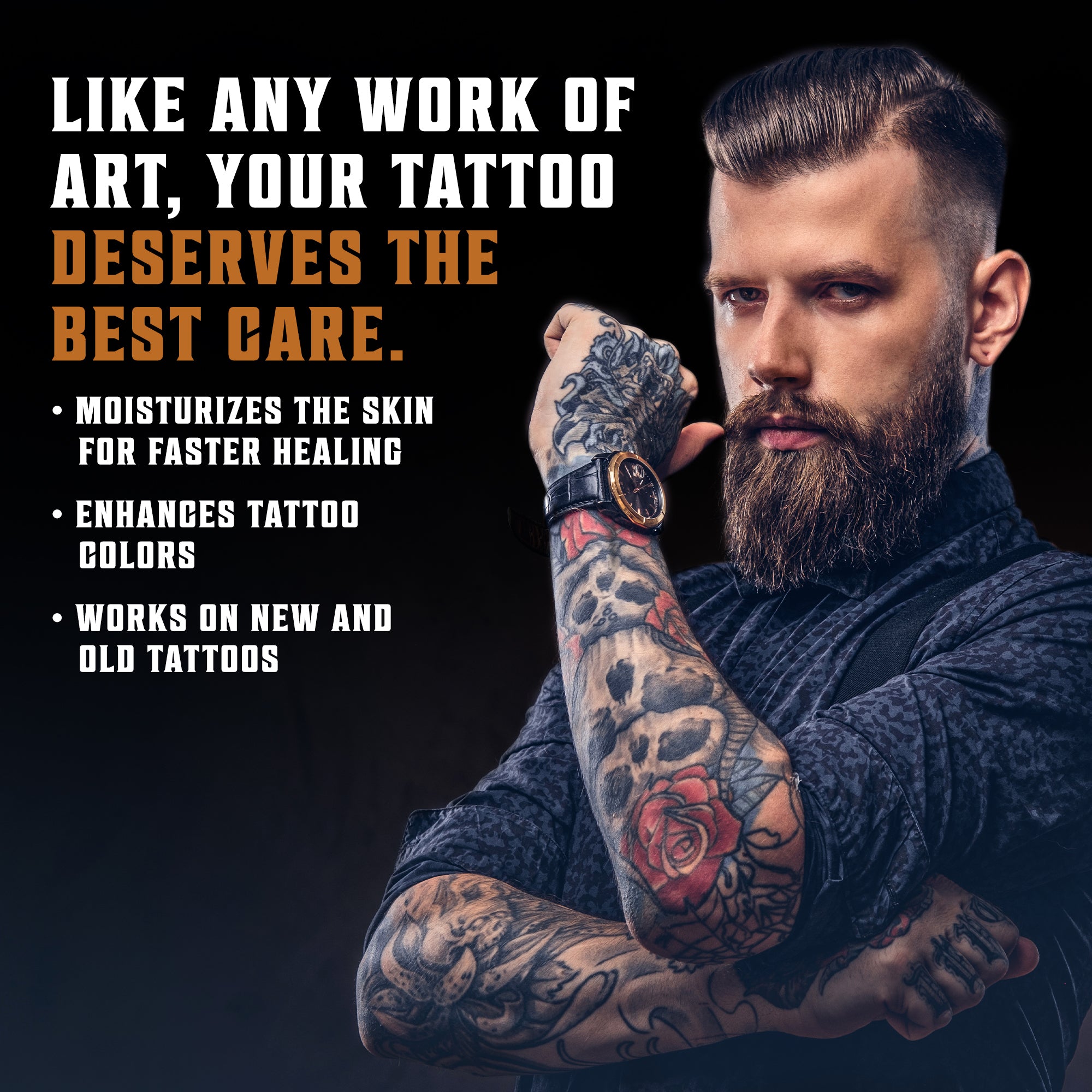 Tattoed man with arms crossed; text beside him on Tatto Balms benefits for tattoo aftercare.