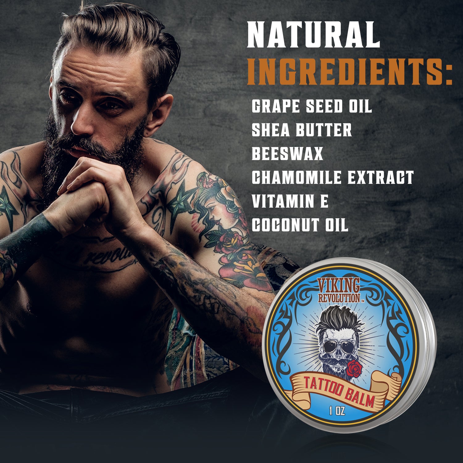 A tattooed man sits thoughtfully; beside him, text lists natural ingredients of Tatto Balm.