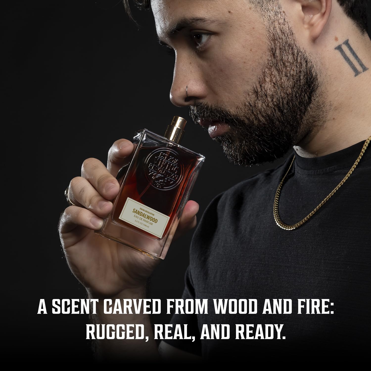 A bearded man holds Sandalwood Perfume (3.5 Fl Oz), text: Rugged, real, and ready.