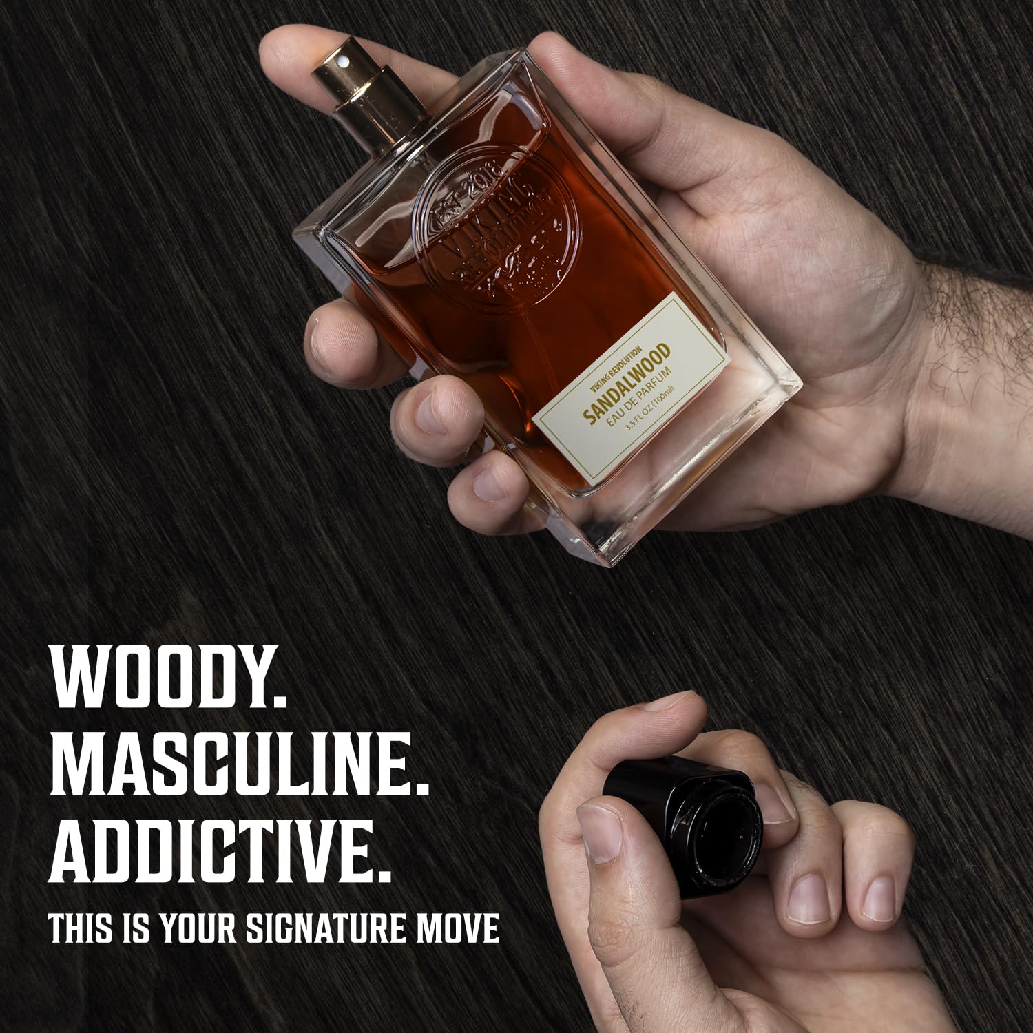 A hand sprays Sandalwood Perfume (3.5 Fl Oz) for men on dark wood, bold text highlights the scent.