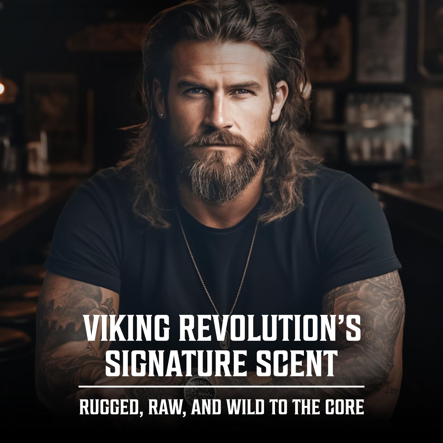 Bearded man with long hair at bar touts Sandalwood Perfume (3.5 Fl Oz) for men.