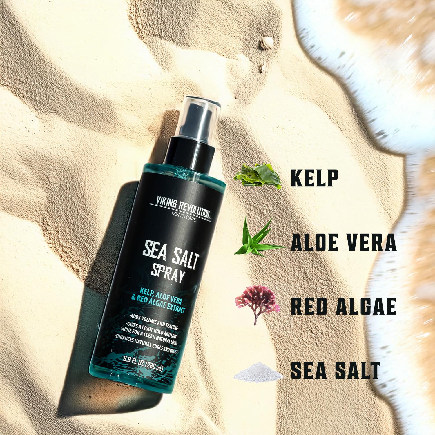 Sea Salt Hair Spray (8.8 Fl oz) for men with kelp, aloe vera, red algae & volumizing formula on sand.