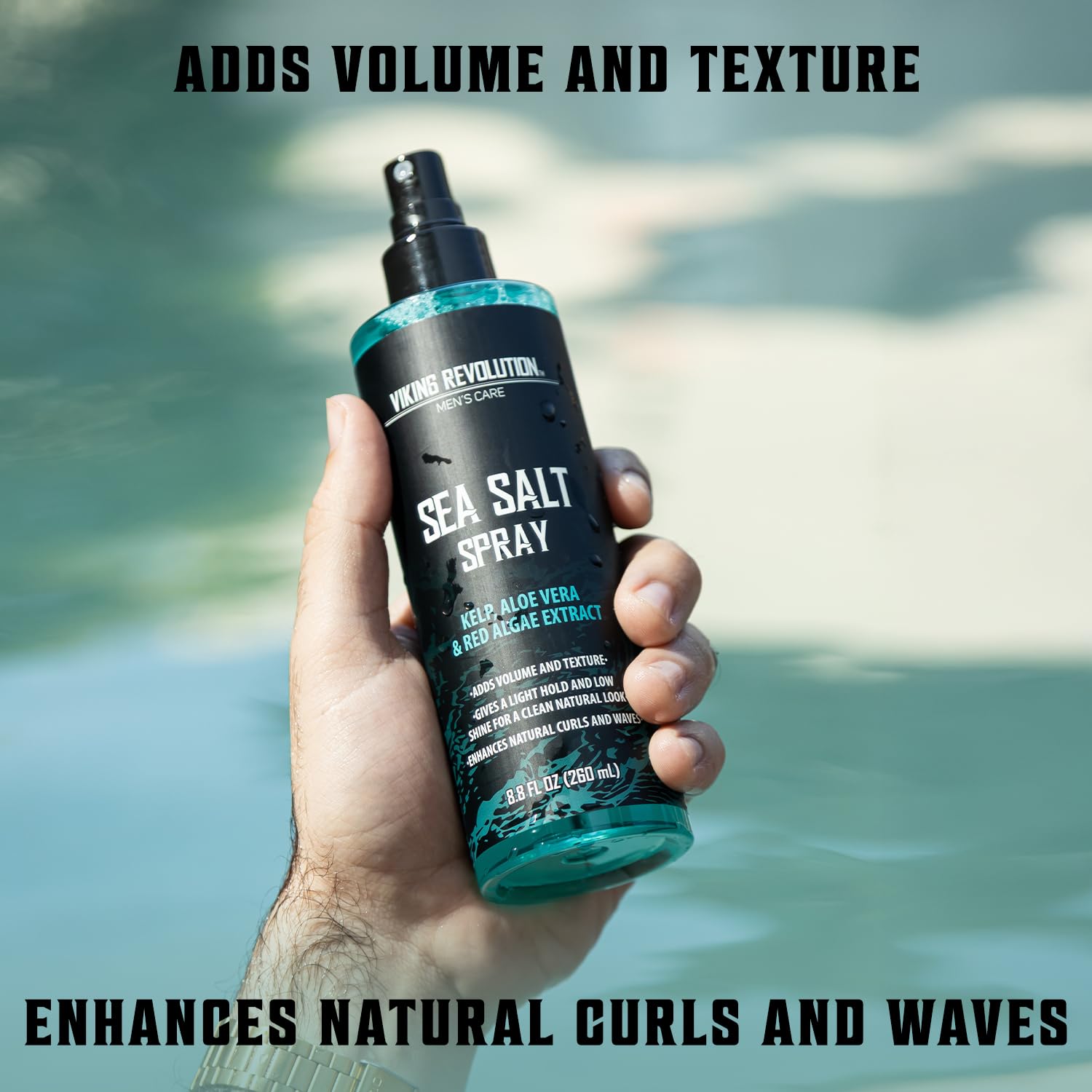 Hand holding a bottle of Sea Salt Hair Spray (8.8 Fl oz), a texturizer for volumizing hair.