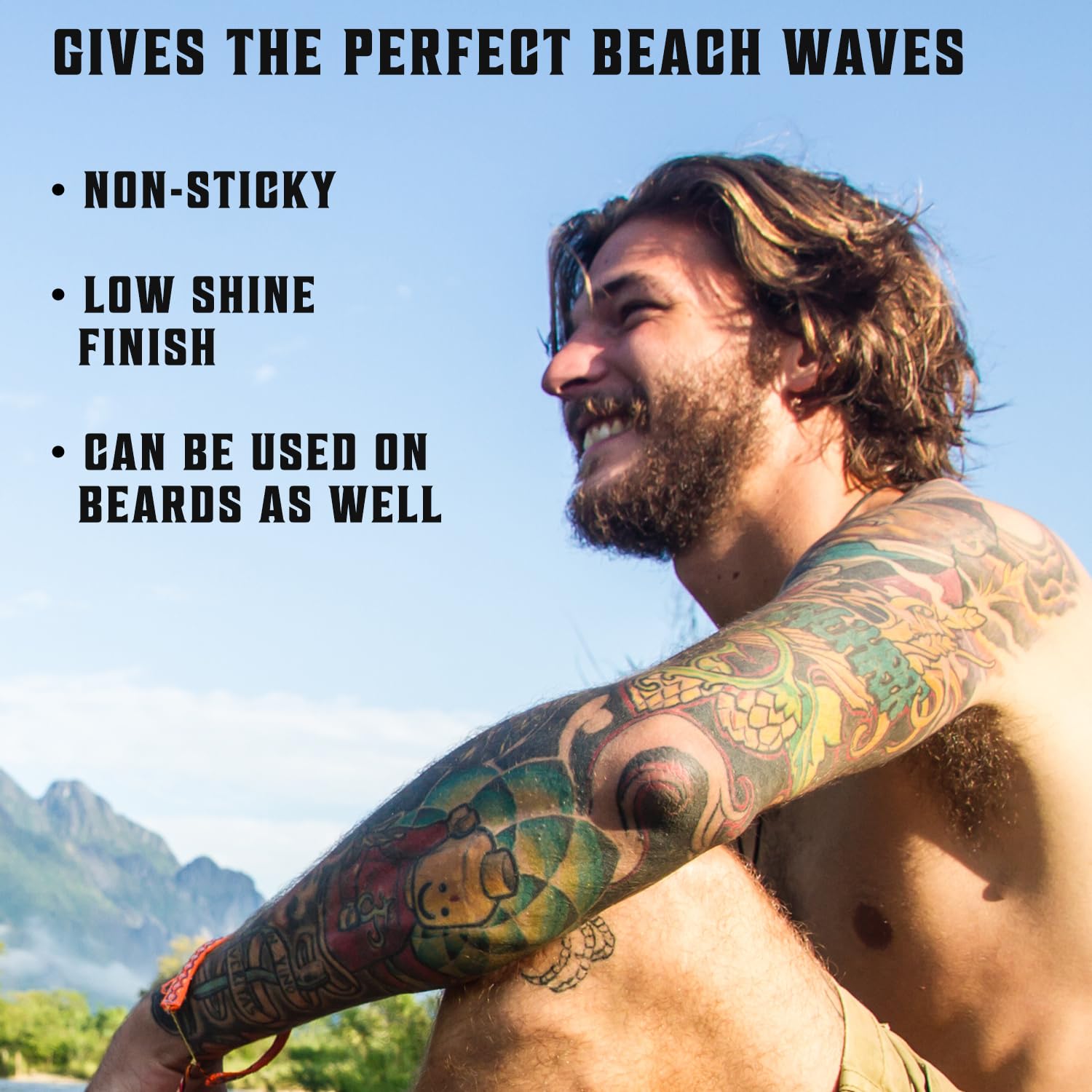 Tattooed man outdoors with Sea Salt Hair Spray (8.8 Fl oz) for non-sticky, low-shine hair and beards.