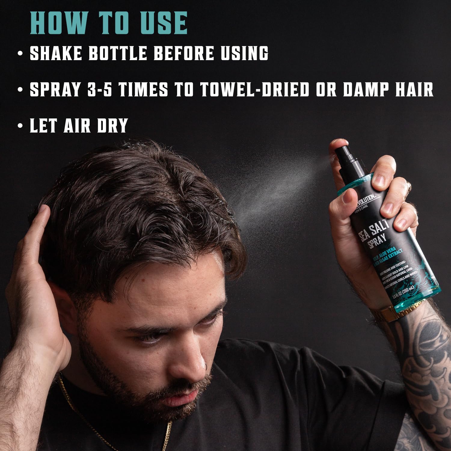 Man using Sea Salt Hair Spray (8.8 Fl oz) for volumizing hair, with usage tips on black background.