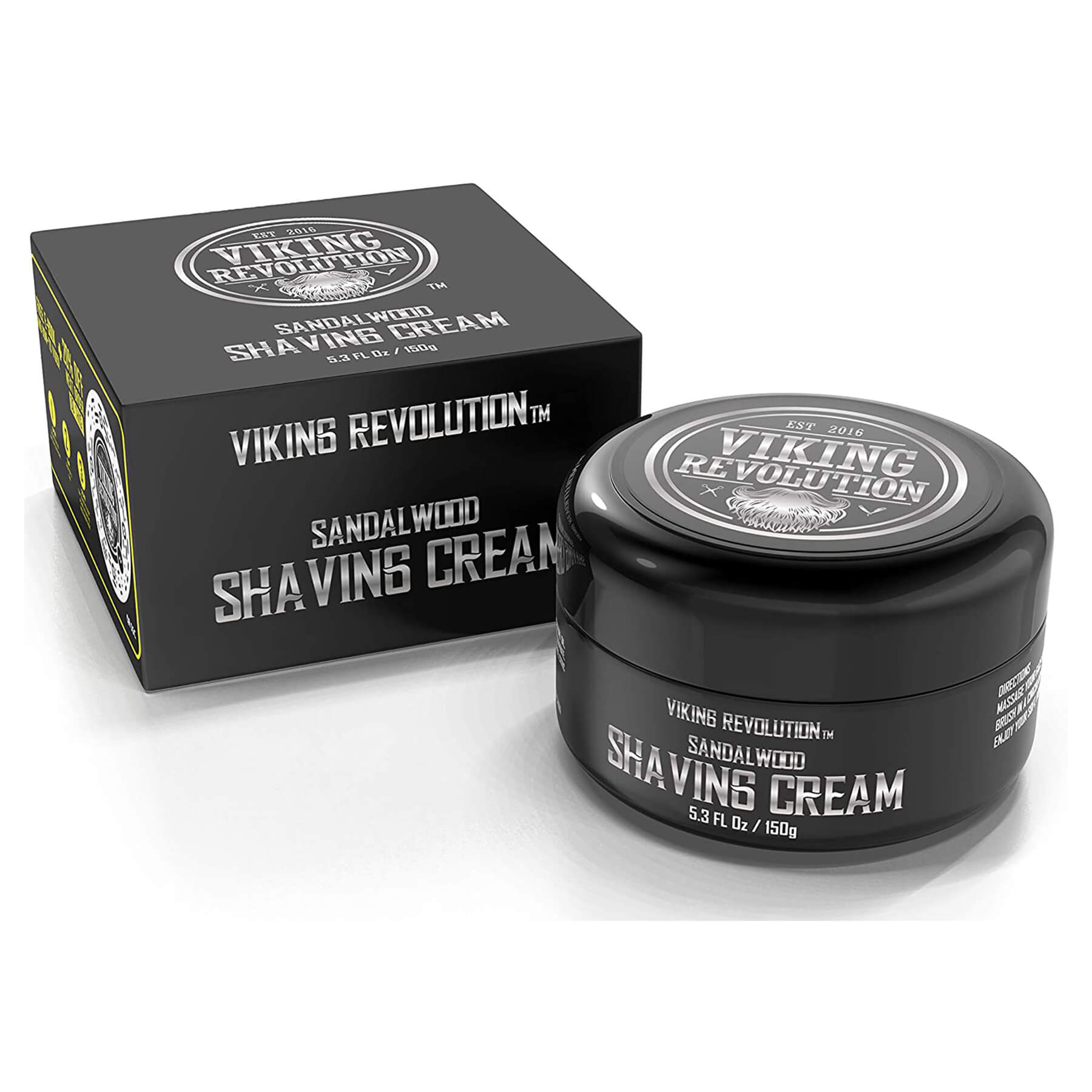 Viking Revolution's Sandalwood Shaving Cream, packaged in black container and box, is designed for a smooth shave with natural sandalwood oils and is ideal for sensitive skin.
