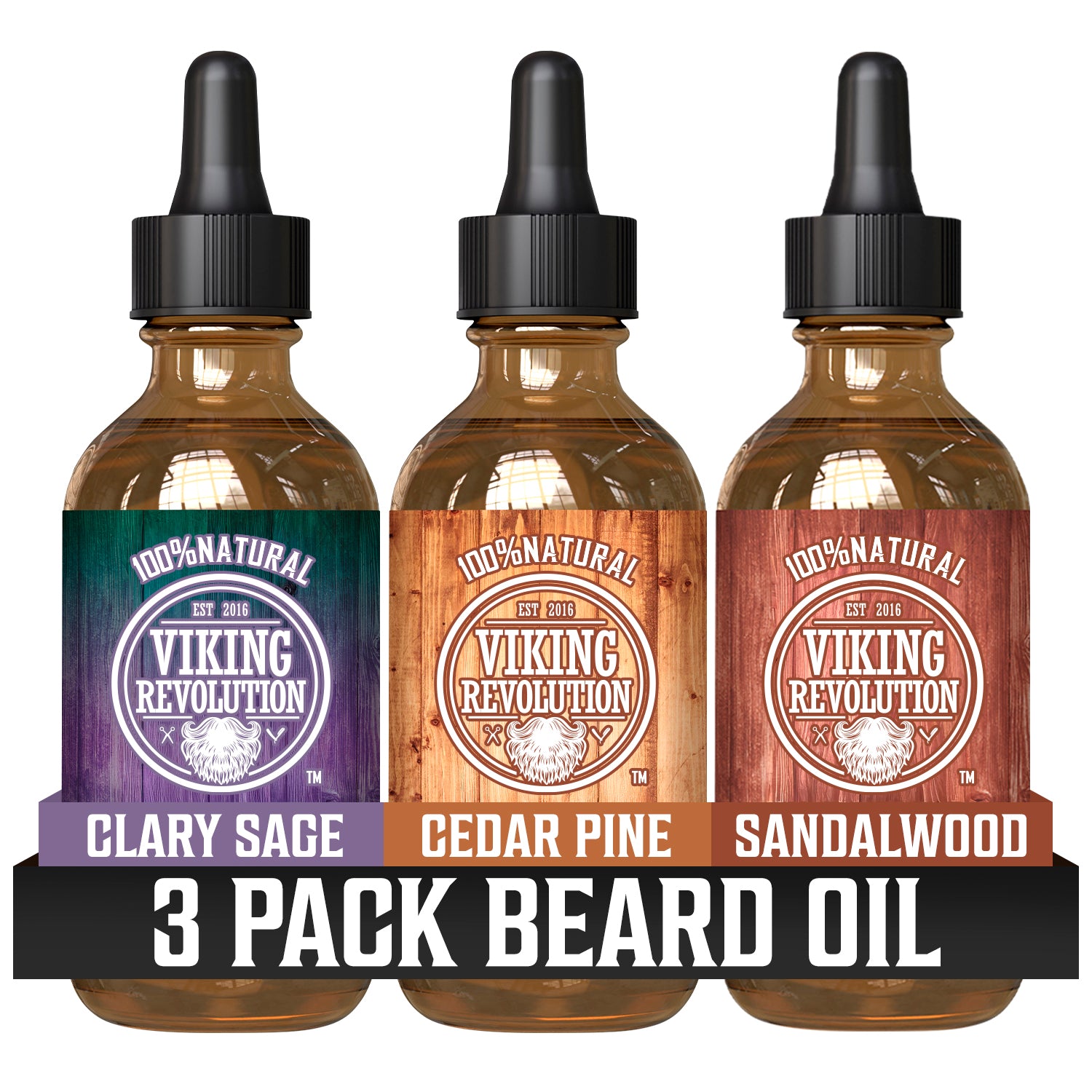 Three 1oz bottles of Viking Revolution Beard Oil - 3 Pack: Clary Sage, Cedar Pine, Sandalwood.