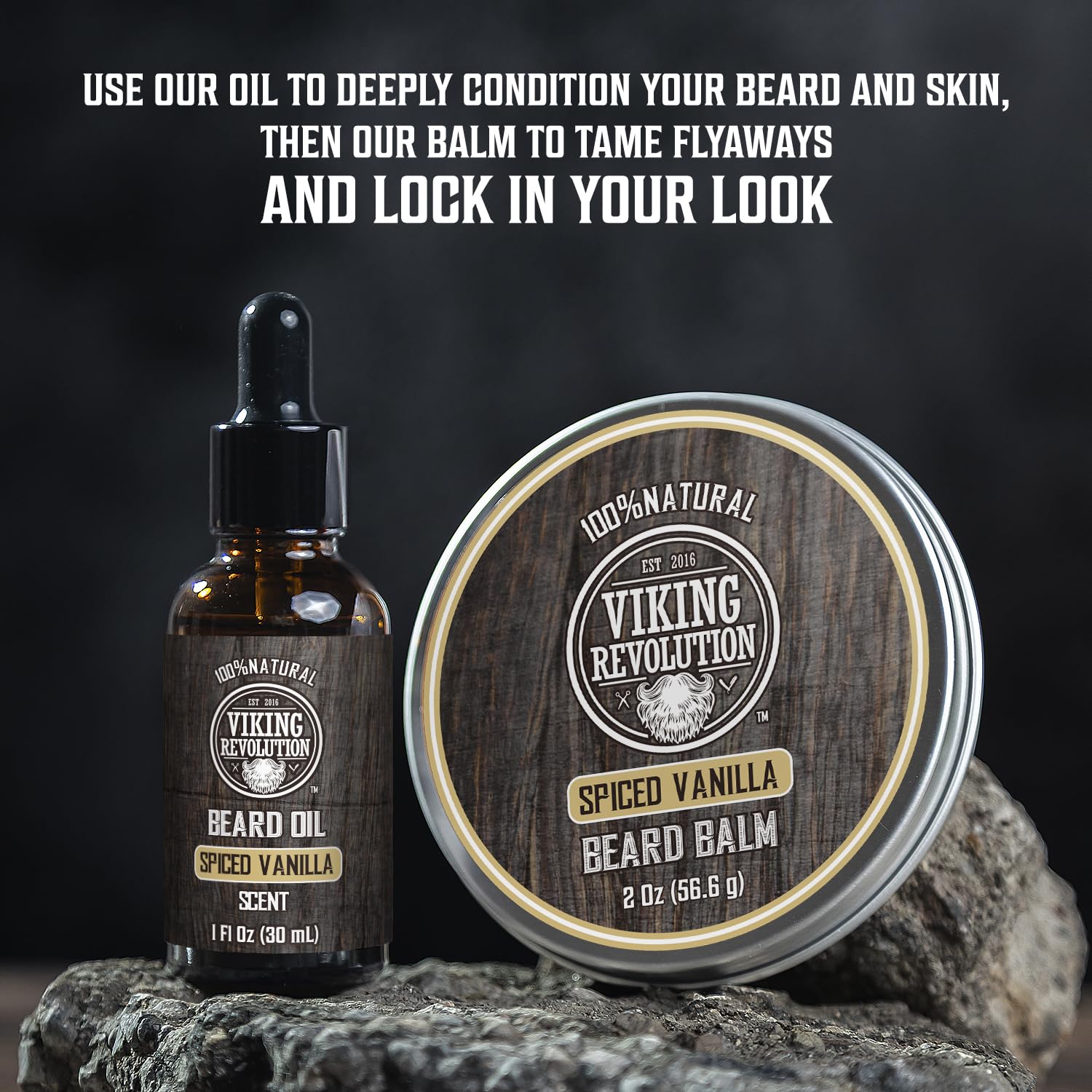 Ultimate Spiced Vanilla Beard Conditioner Kit with beard wash, oil, balm & comb on a dark surface.