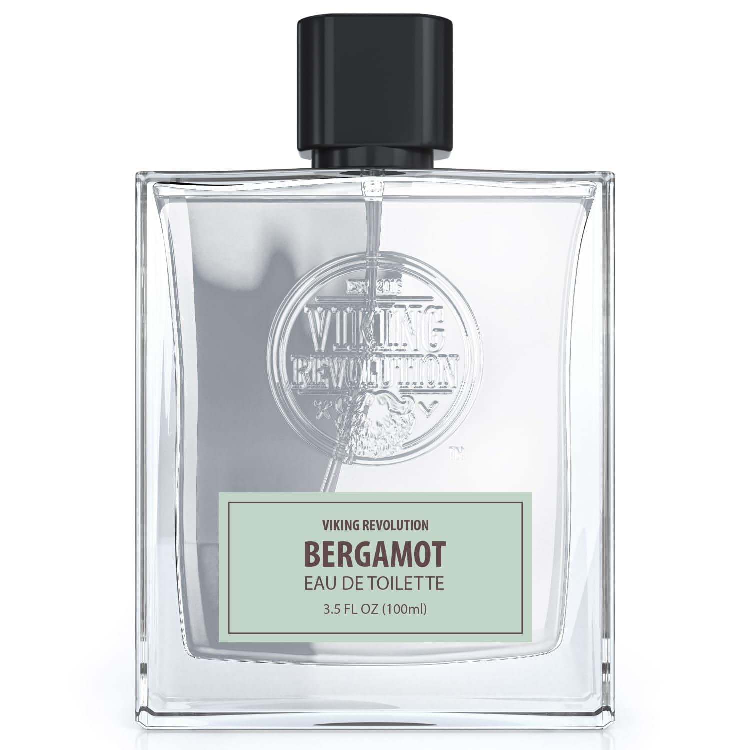 The clear glass bottle of Cologne for Men 3.5 fl oz by Viking Revolution, featuring a sleek black cap and a generous amount of fragrance, embodies the rugged sophistication of men's cologne.
