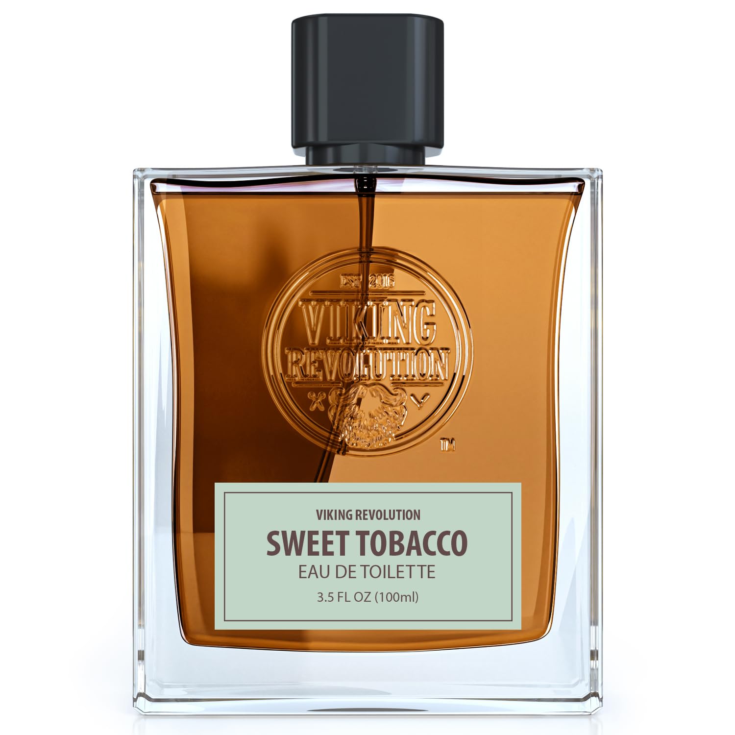 The product, Cologne for Men 3.5 fl oz by Viking Revolution, features amber liquid inside the bottle and combines sweet tobacco with a hint of sandalwood to create an exquisite men's fragrance.