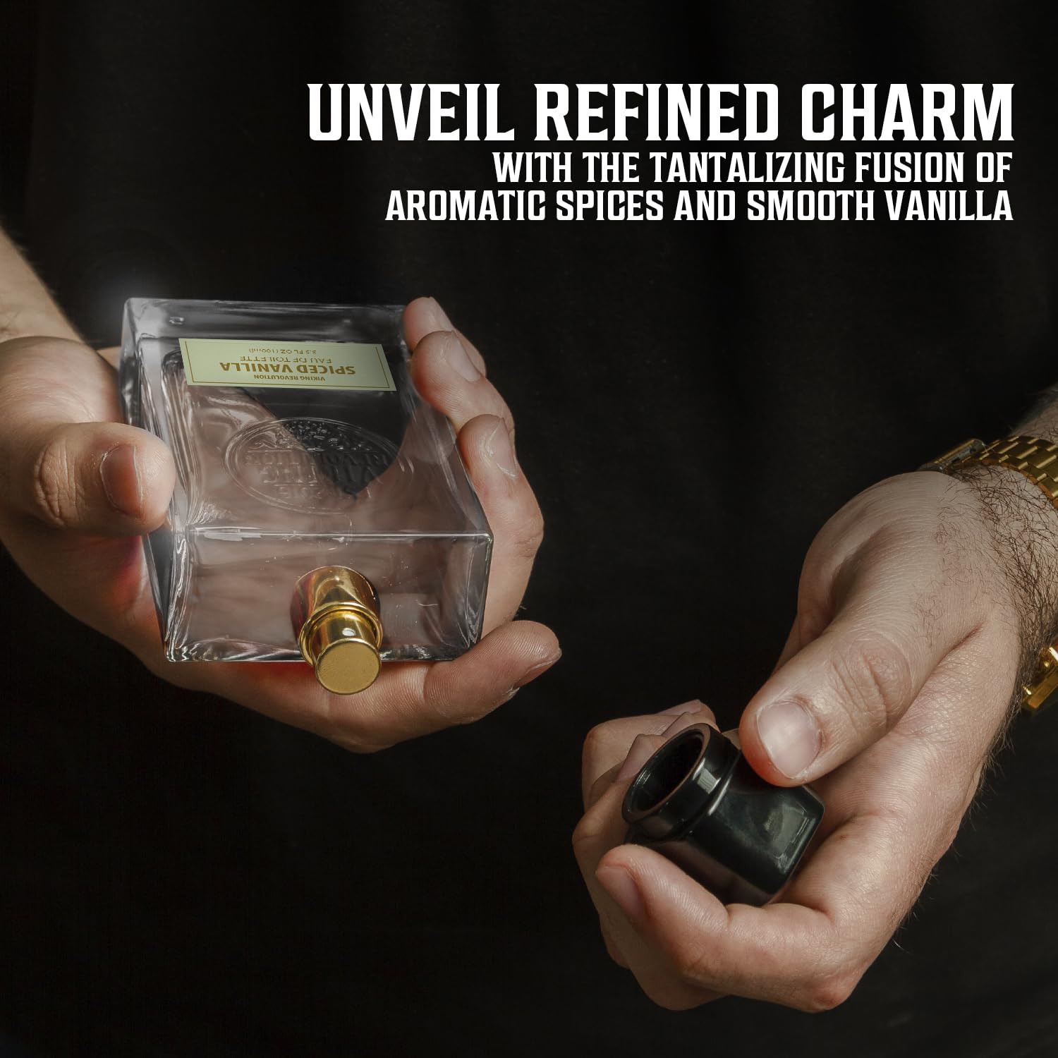 A pair of hands cradles a bottle labeled "Cologne for Men 3.5 fl oz," with a description highlighting aromatic spices and vanilla. An underlying essence of Viking Revolution lends a bold allure, distinguishing this fragrance as an exceptional choice among men's cologne collections.