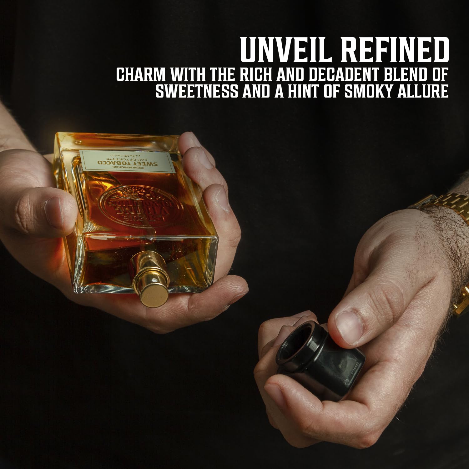 Person holding a 3.5 fl oz Cologne for Men bottle and cap, text reads Unveil Refined: Charm with Decadent Blend.
