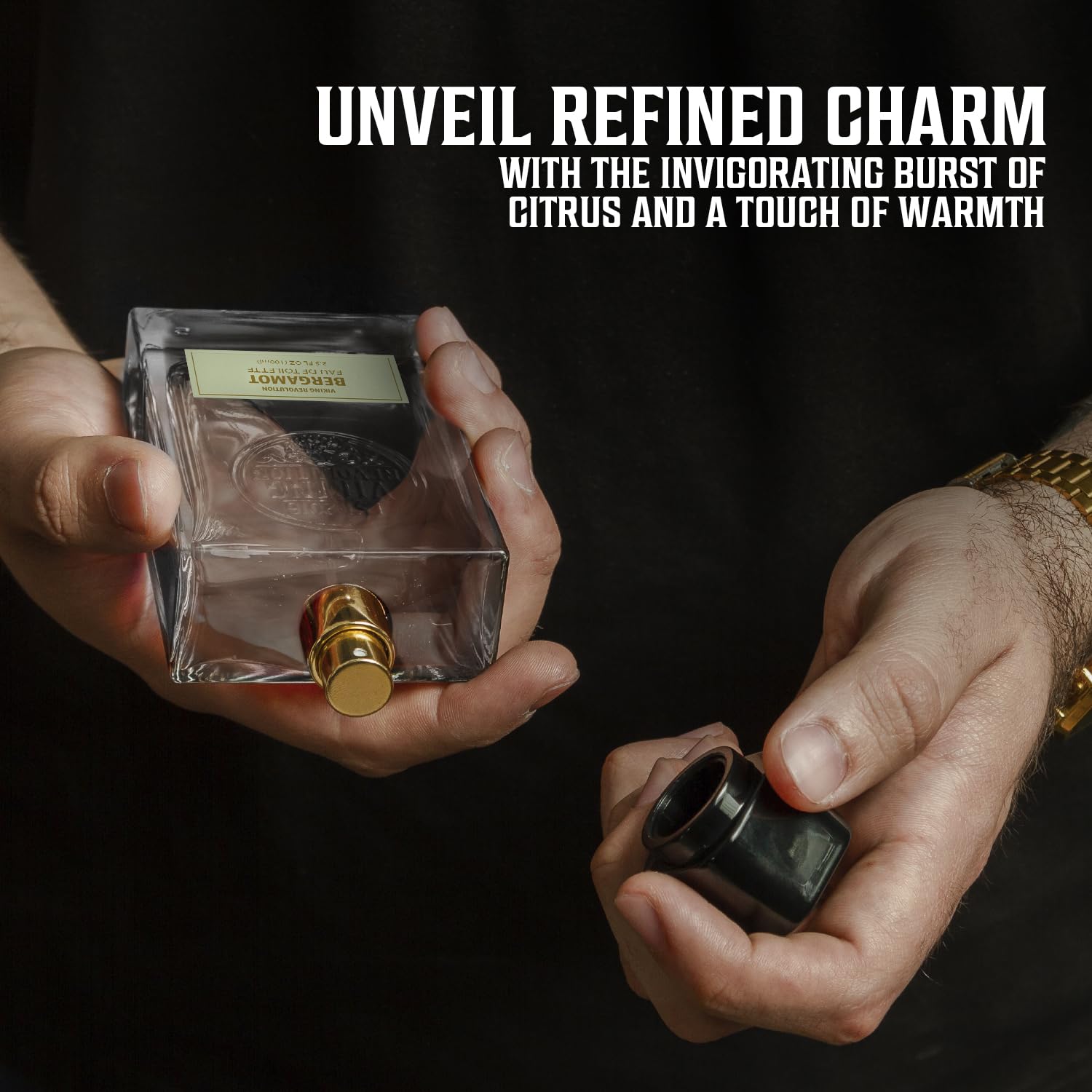 Person holding Bergamot Cologne for Men 3.5 Fl Oz with citrus and warm notes.