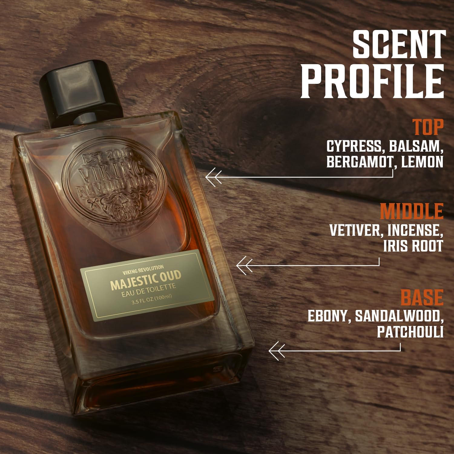 Majestic Oud Cologne for Men 3.5 Fl Oz on wood, highlighting its enduring top, middle, and base notes.