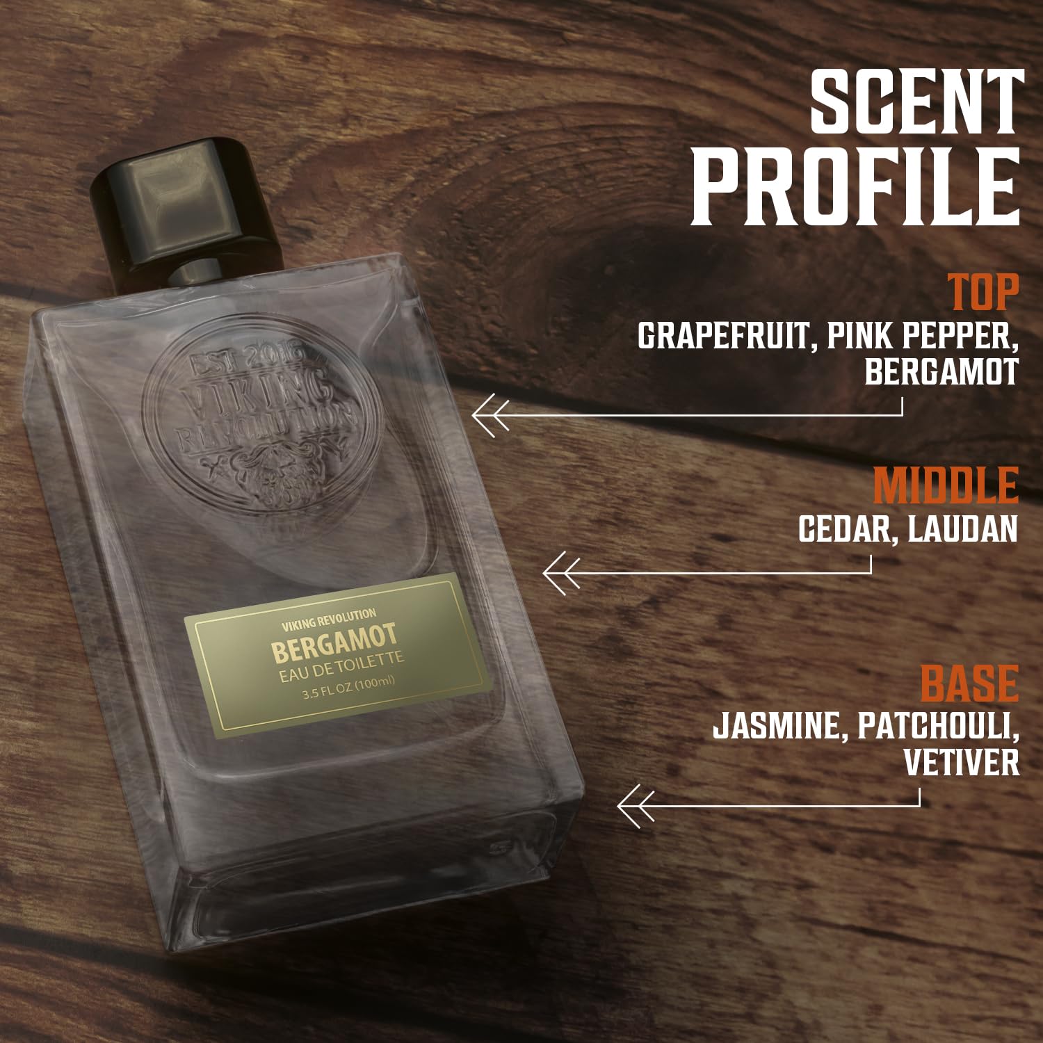A bottle of Cologne for Men (3.5 fl oz) with a scent profile featuring grapefruit, cedar, and jasmine, elegantly placed on a wooden surface. This refined blend captures the bold essence reminiscent of Viking Revolution's sandalwood allure.