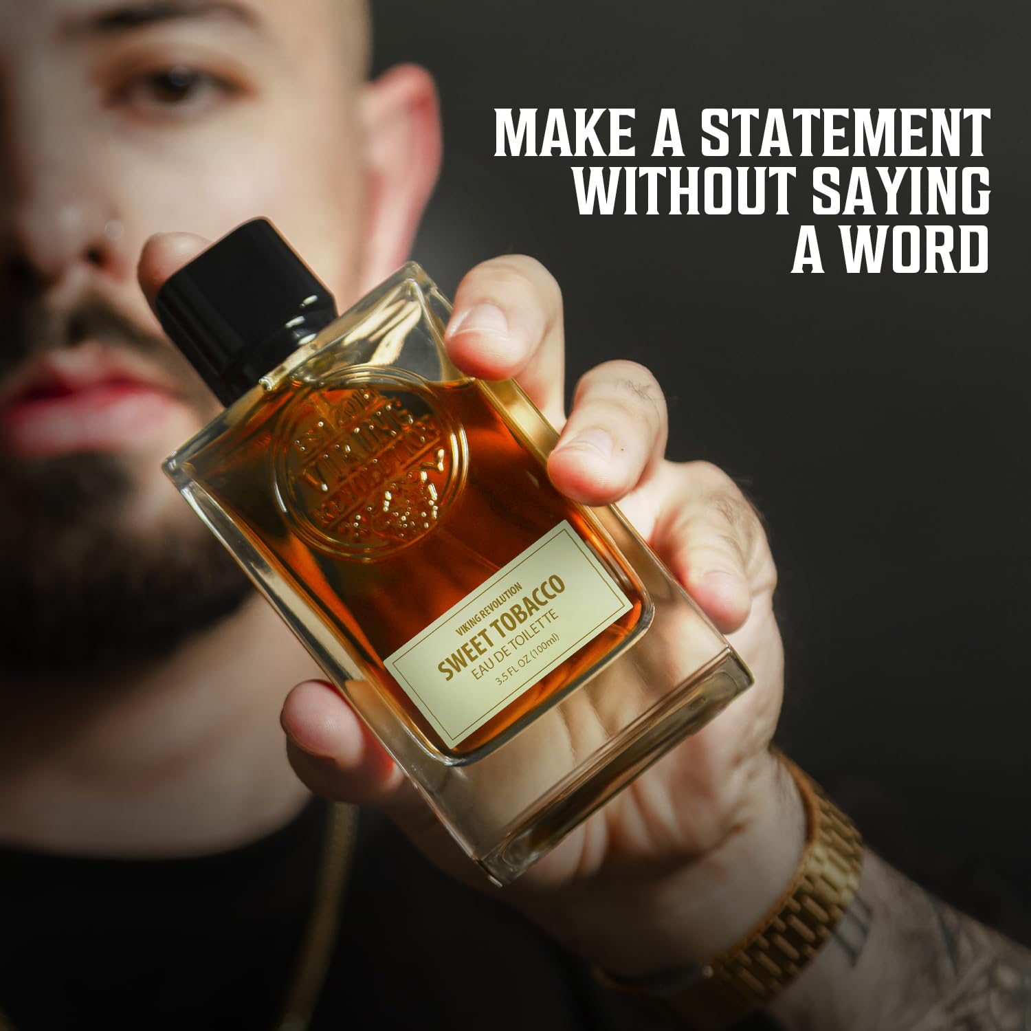 Man holds Sweet Tobacco Cologne for Men 3.5 Fl Oz: Make a statement without saying a word.