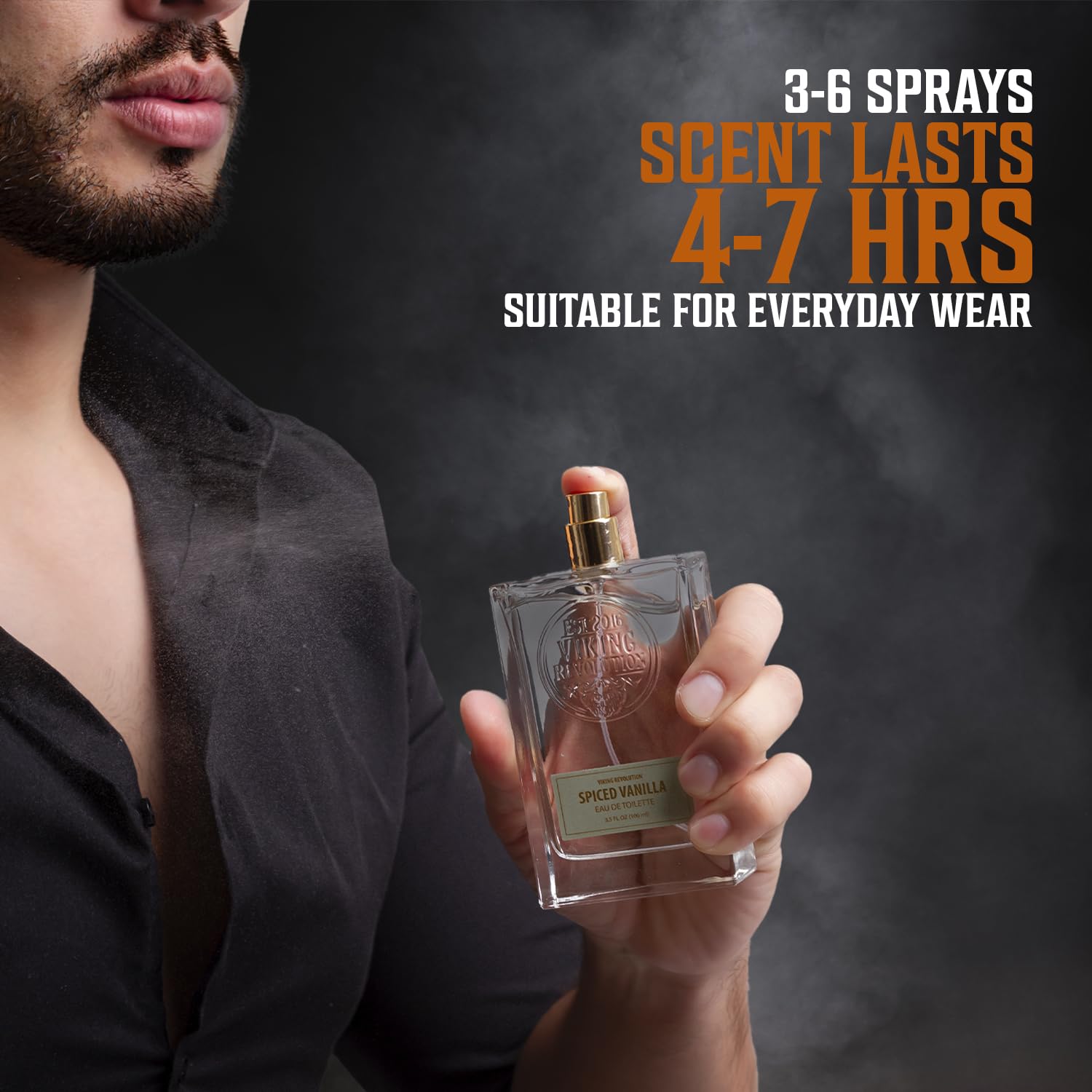 A man in a black shirt applies Cologne for Men 3.5 fl oz. Text reads: Use 3-6 sprays, scent lasts 4-7 hours, ideal for daily use.
