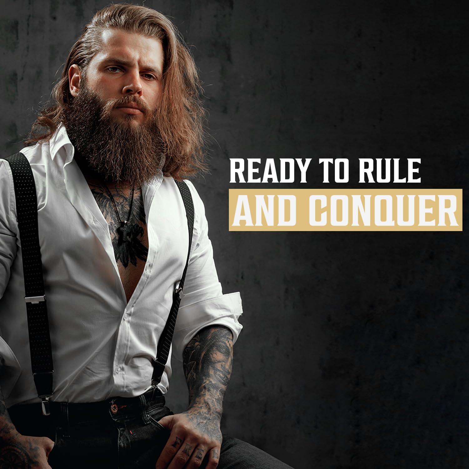 Tattooed man in a white shirt with braces, text: Rule and Conquer Beard Conditioner Spiced Vanilla.
