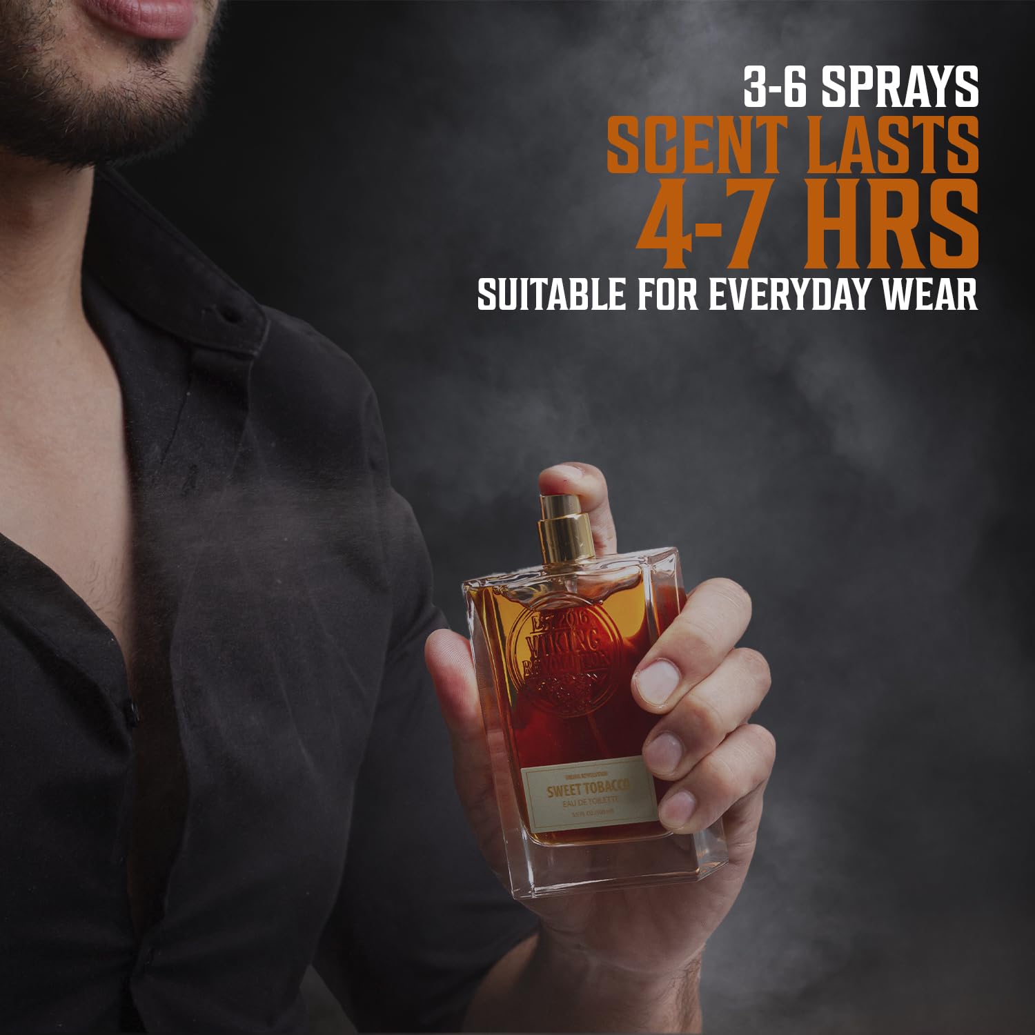A person holding a bottle of "Cologne for Men 3.5 fl oz" by Viking Revolution, which promises an enduring sandalwood scent.