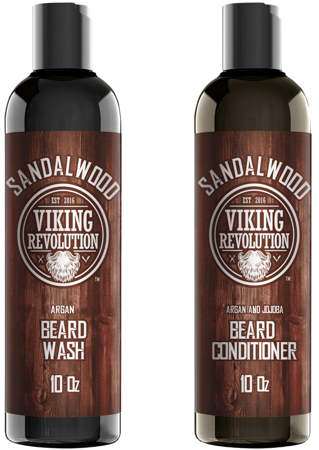The Viking Revolution - Sandalwood Beard Wash & Conditioner Set - 10oz offers two bottles of refreshing sandalwood-scented treatment, ideal for complete facial haircare.