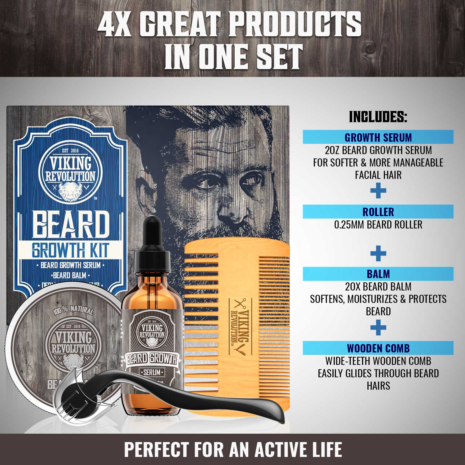 The Beard Growth Kit features a premium Beard Growth Serum, a roller, nourishing Beard Balm, and a wooden comb, offering four exceptional products in one package for the ultimate grooming experience.