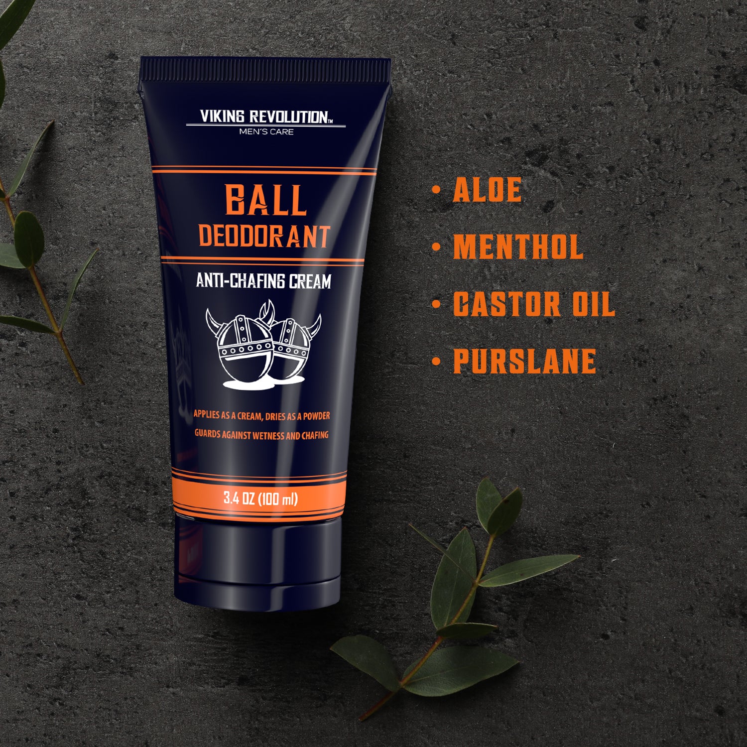 Tube of hypoallergenic Ball Deodorant with ingredient list against a dark background and greenery.