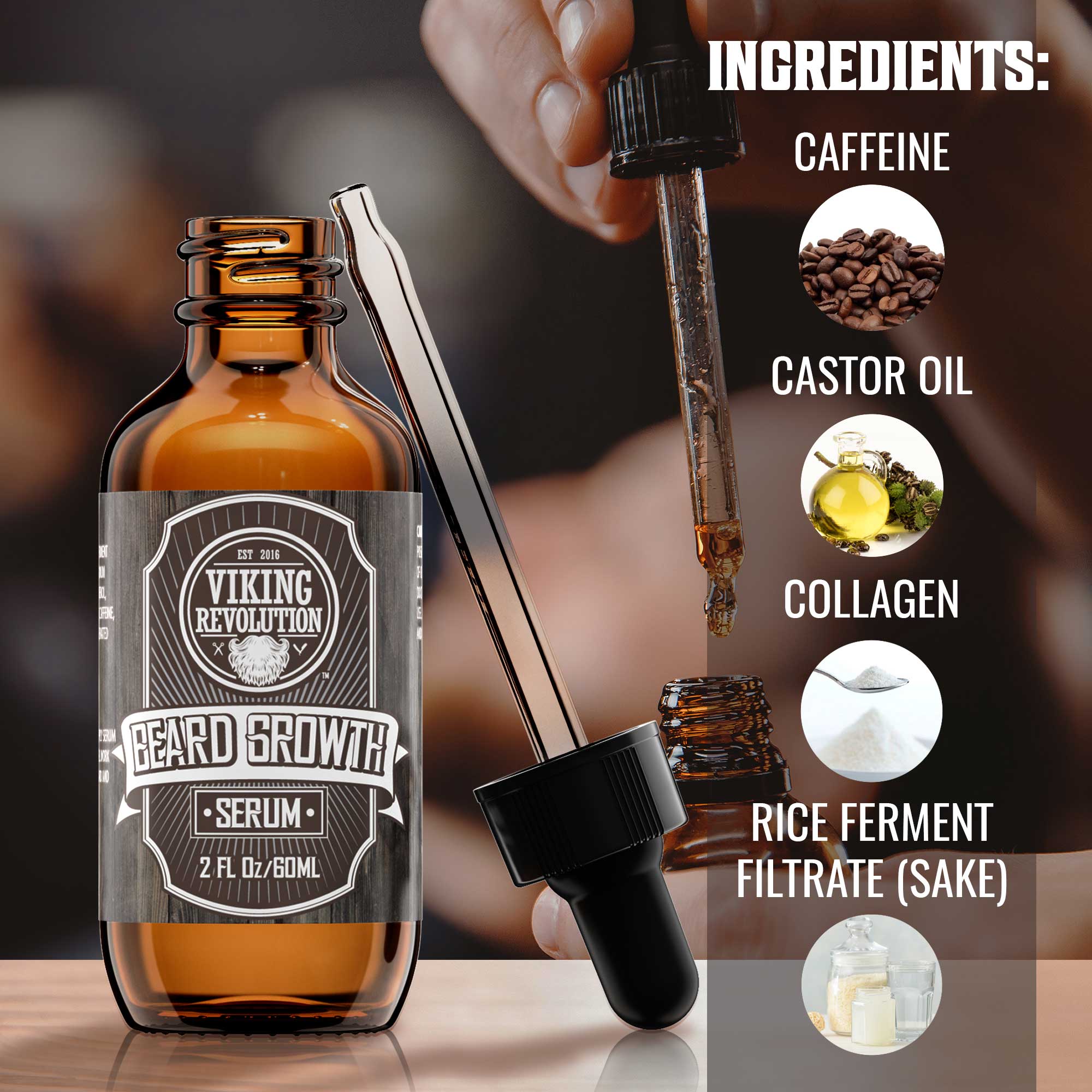 Beard Growth Kit includes a bottle of Beard Growth Serum with a dropper, highlighting powerful ingredients such as caffeine, castor oil, collagen, and rice ferment filtrate.