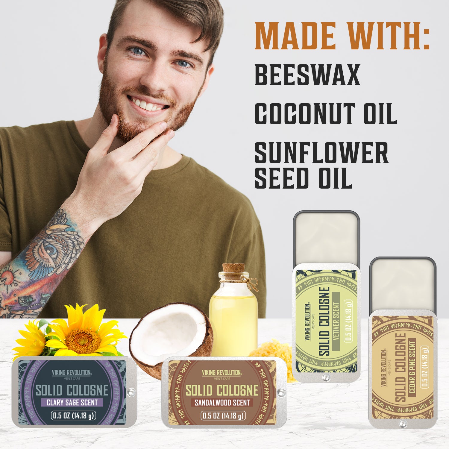 Man smiling with the Solid Cologne - 4 Pack, enriched with ingredients like beeswax and coconut oil and infused with notes of sandalwood.