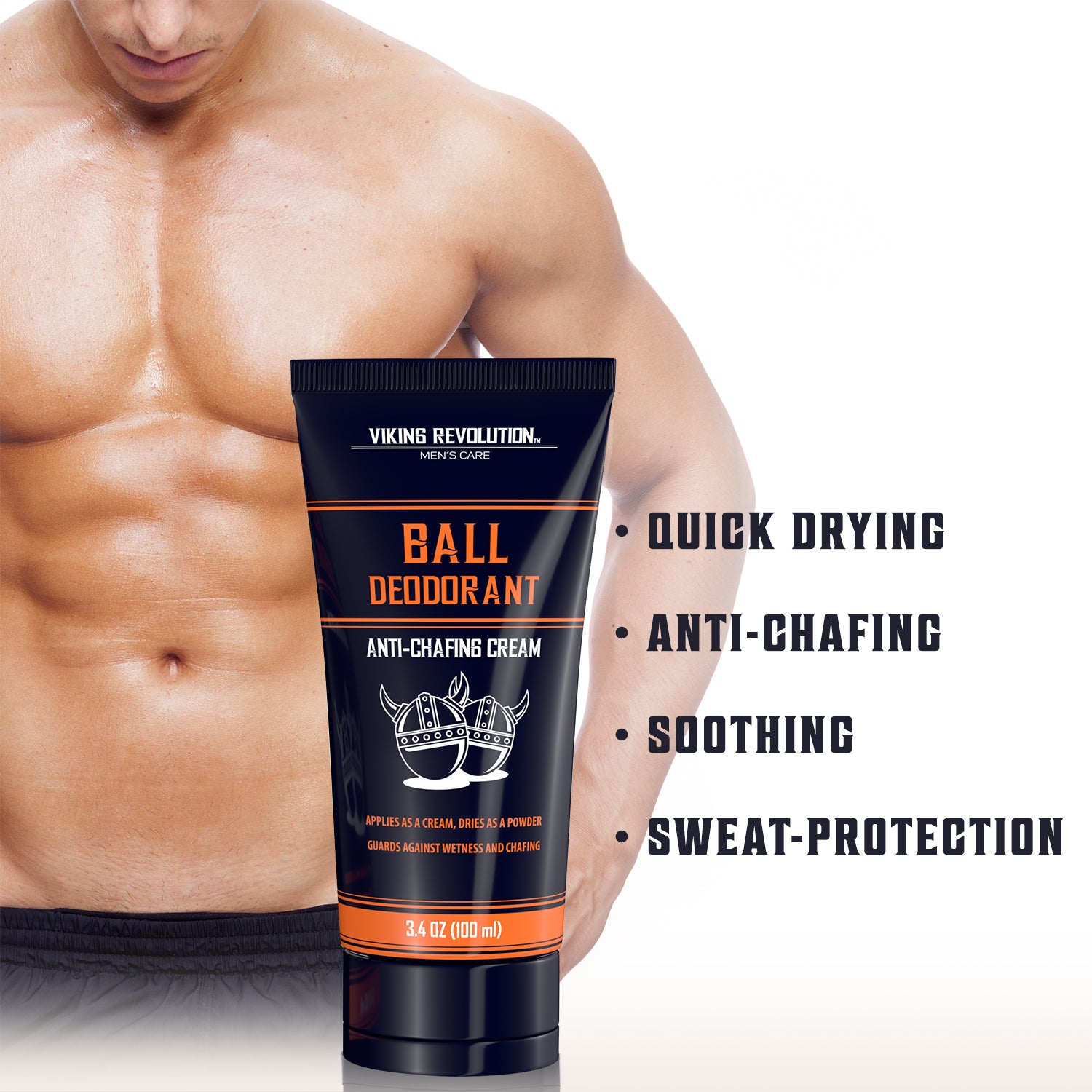 Ball Deodorant tube shown before a muscular man, emphasizing its hypoallergenic and anti-chafing benefits.