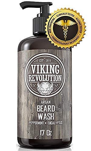 Peppermint & Eucalyptus Beard Wash 17oz for facial hair, enriched with Argan, Peppermint, and Eucalyptus. Equipped with a pump dispenser to promote hair growth and vitality.
