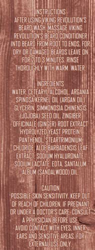 Sandalwood Beard Conditioner 17oz instructions and ingredients list on a wooden background.