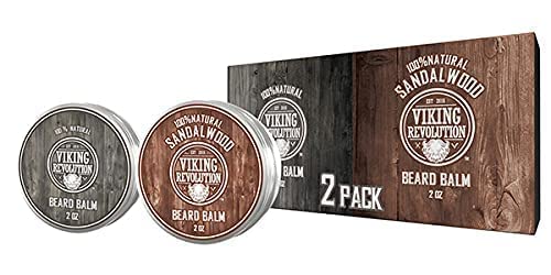 Two tins of Beard Balm - 2 Pack, all-natural Viking Revolution Sandalwood, 2 oz each, with packaging.