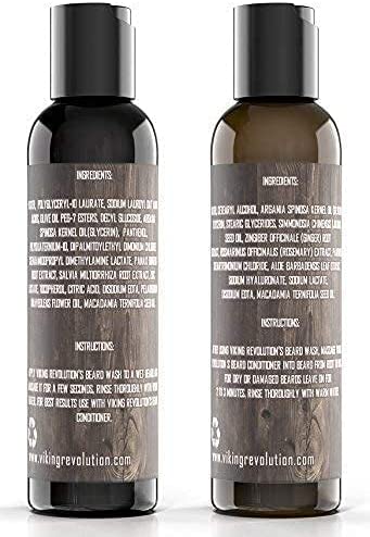 A set of two 5oz bottles labeled Peppermint & Eucalyptus Beard Wash and Conditioner provides effective facial hair cleaning and skin protection with detailed instructions.