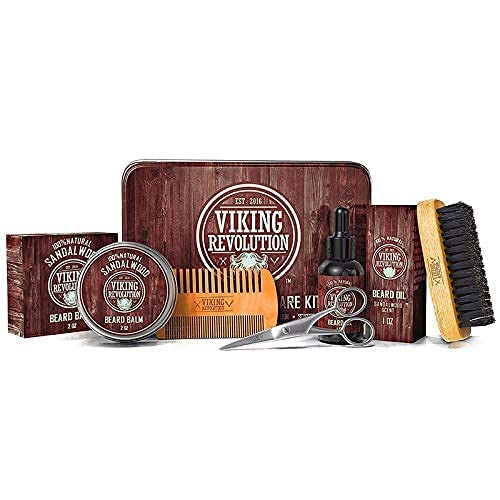The Sandalwood Beard Care Kit in a Metal Box, showcasing beard oil, balm, comb, scissors, and brush for the ultimate grooming and styling experience.