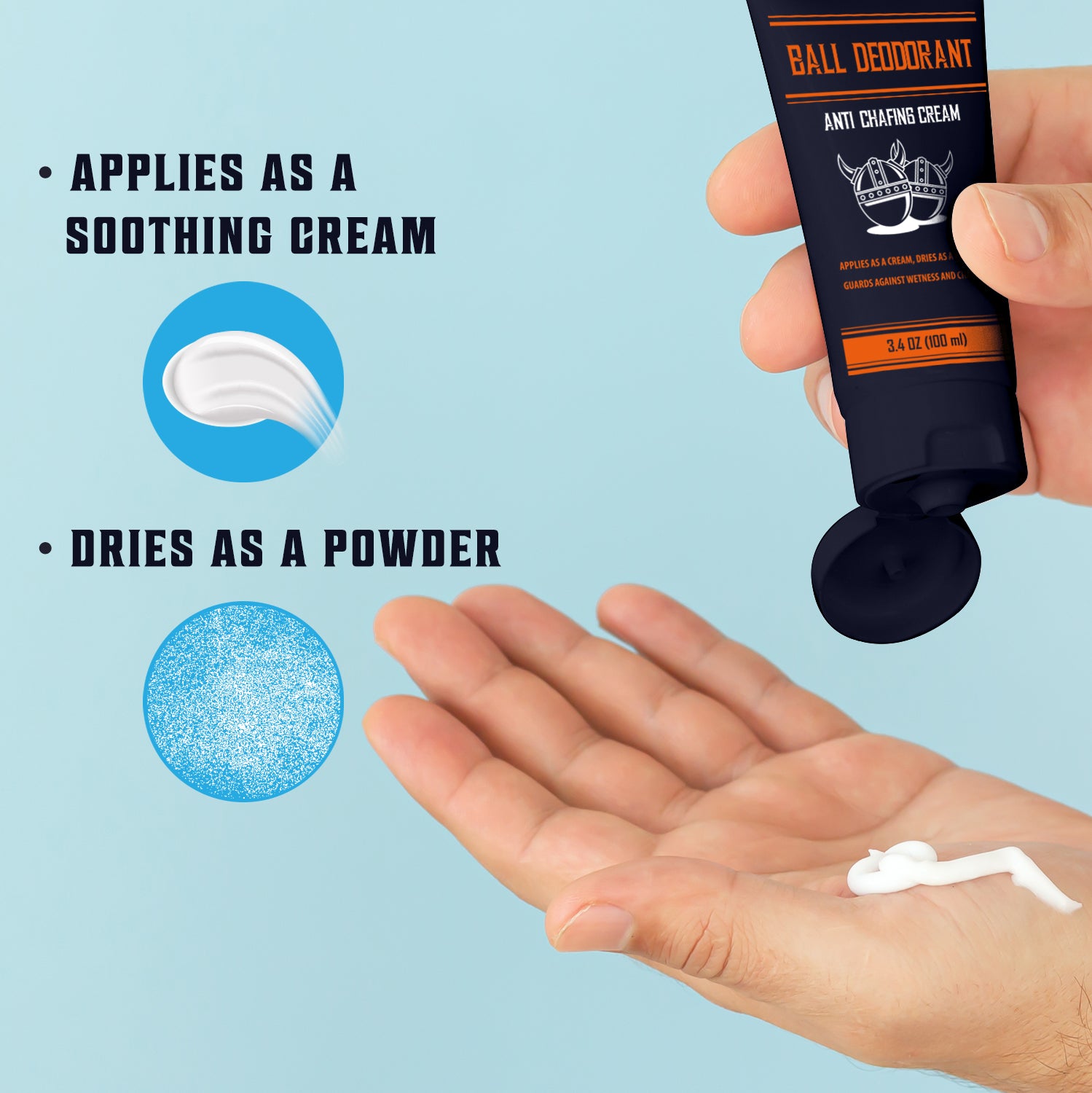 Hand holding Ball Deodorant: hypoallergenic mens lotion with powder effects and feature highlights.