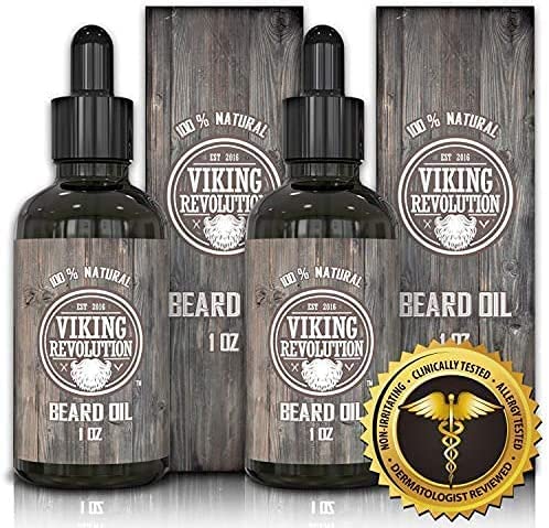 Two bottles of Viking Revolution Unscented Beard Oil in boxes with a dermatology seal in front.