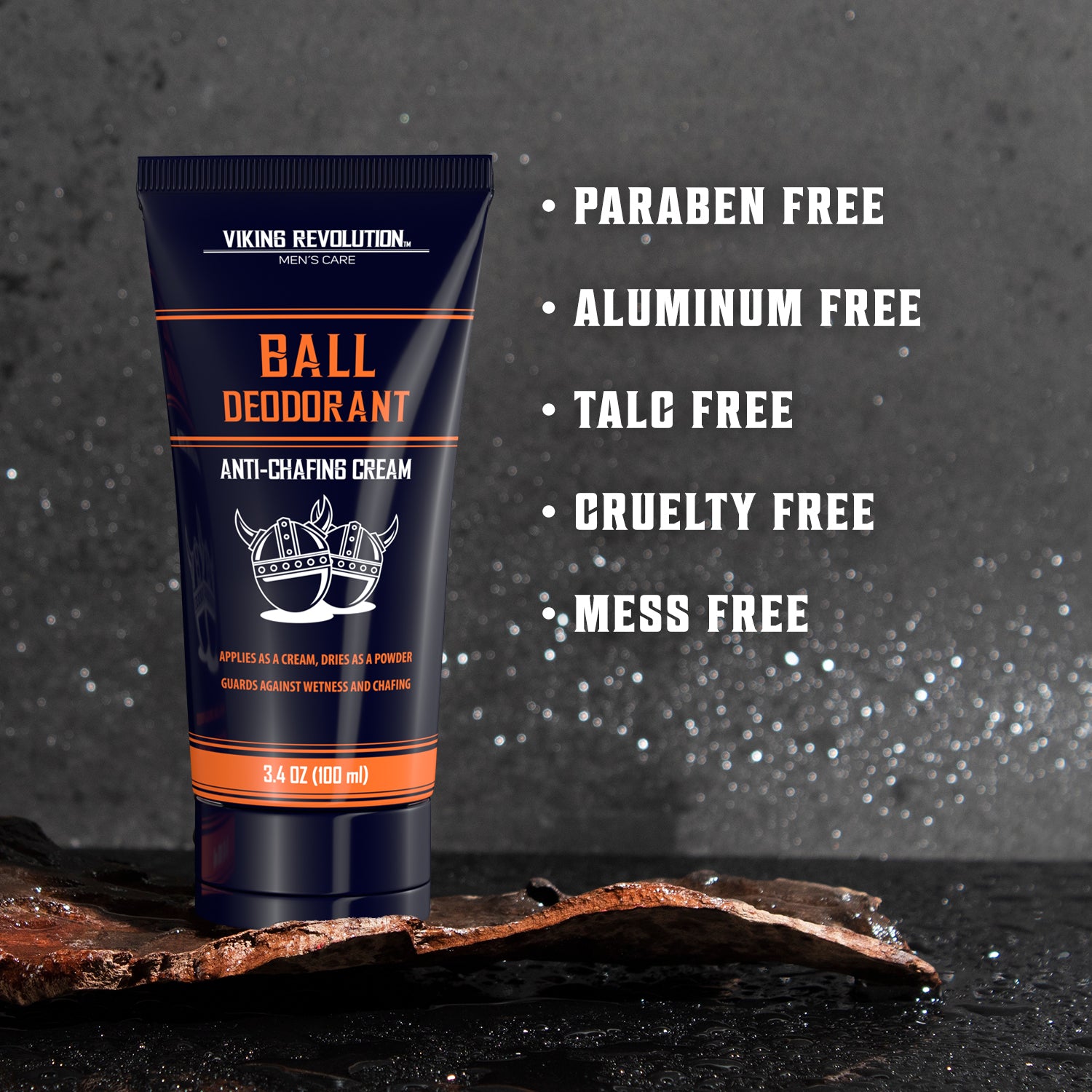 Ball Deodorant on a rock, hypoallergenic with anti-chafing benefits to the right.