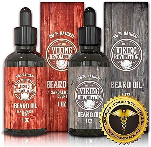 Two bottles of Viking Revolution Sandalwood Beard Oil, boxed and sealed for quality.