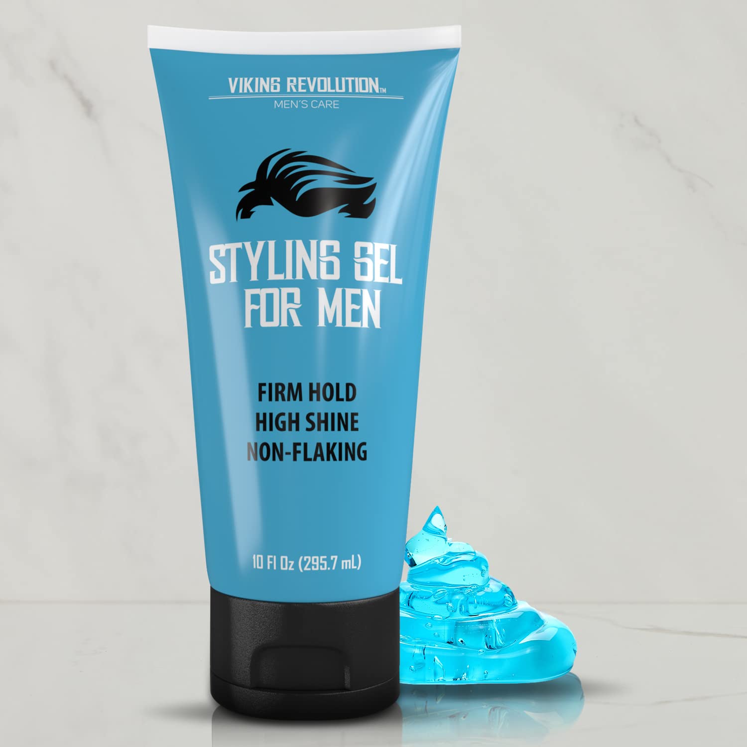 Blue Hair Gel - 10 fl oz tube, labeled Styling Gel for Men, adds volume and texture with a spilled blob.