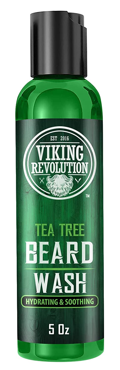 Green bottle of Tea Tree Beard Wash & Beard Conditioner, 5oz, labeled Hydrating & Soothing for beard care.