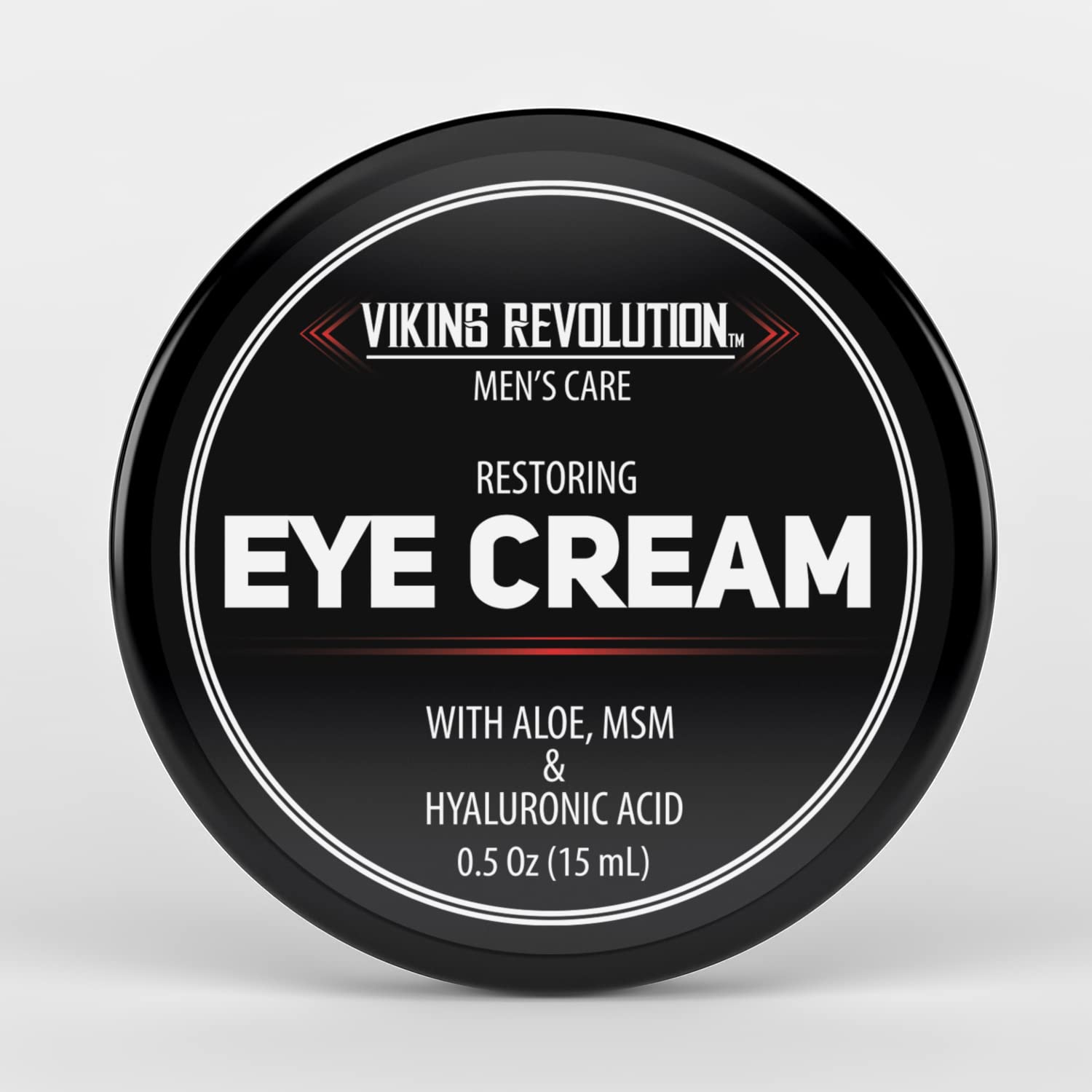 Black circular tin of Eye Cream for Men by Viking Revolution, expertly formulated to combat eye bags and dark circles while reducing puffiness.