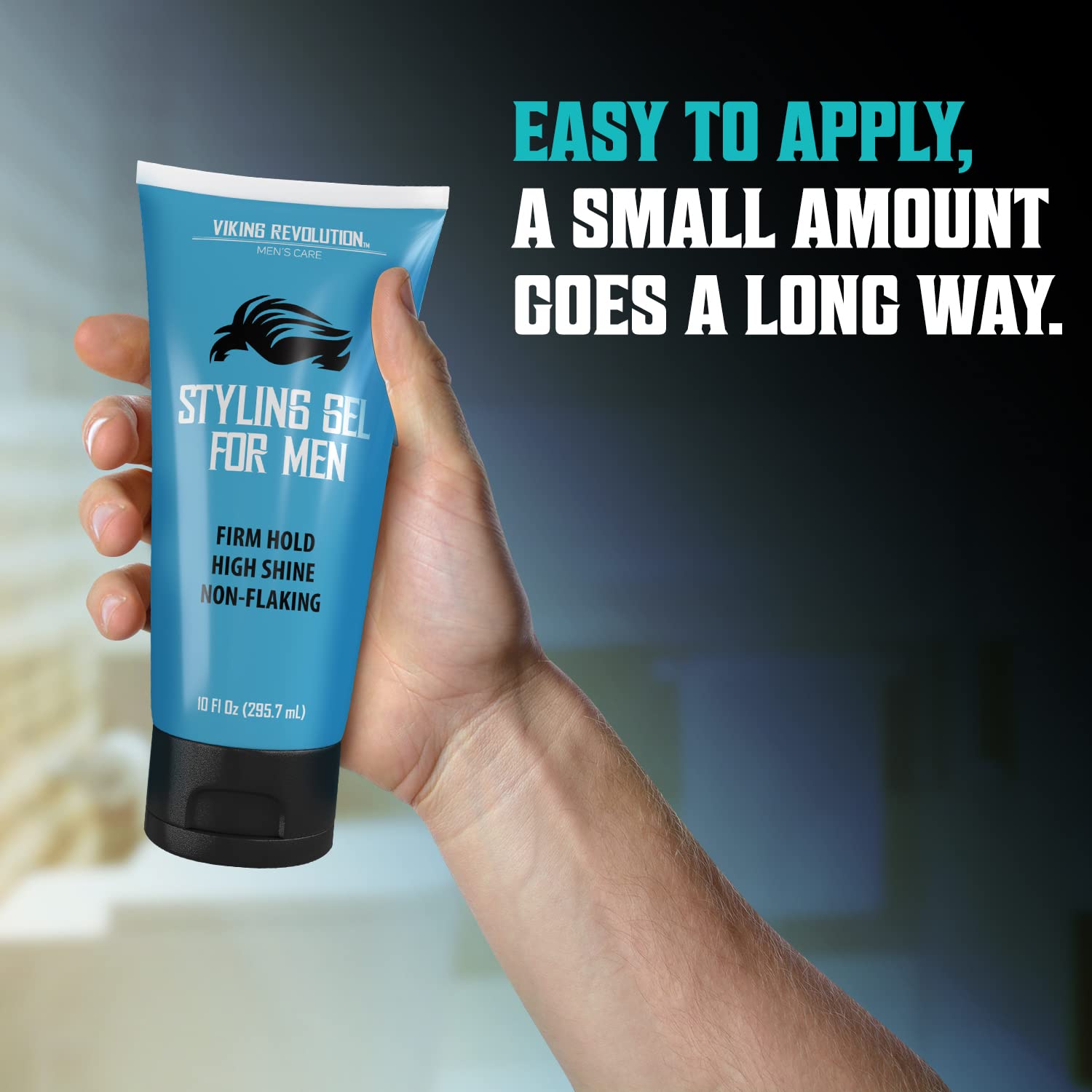Hand holding a Hair Gel - 10 fl oz tube offering volume and texture benefits.