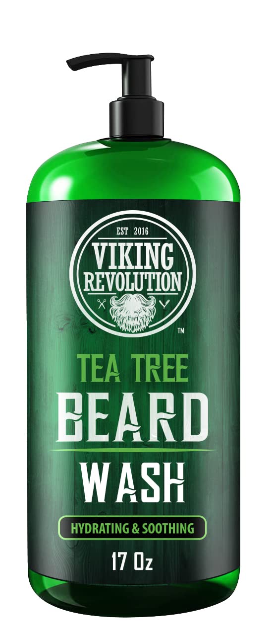 Experience exceptional facial hair care with the all-natural ingredients of Viking Revolution's Tea Tree Beard Wash & Beard Conditioner, 17 oz, in a convenient green bottle featuring a pump dispenser.