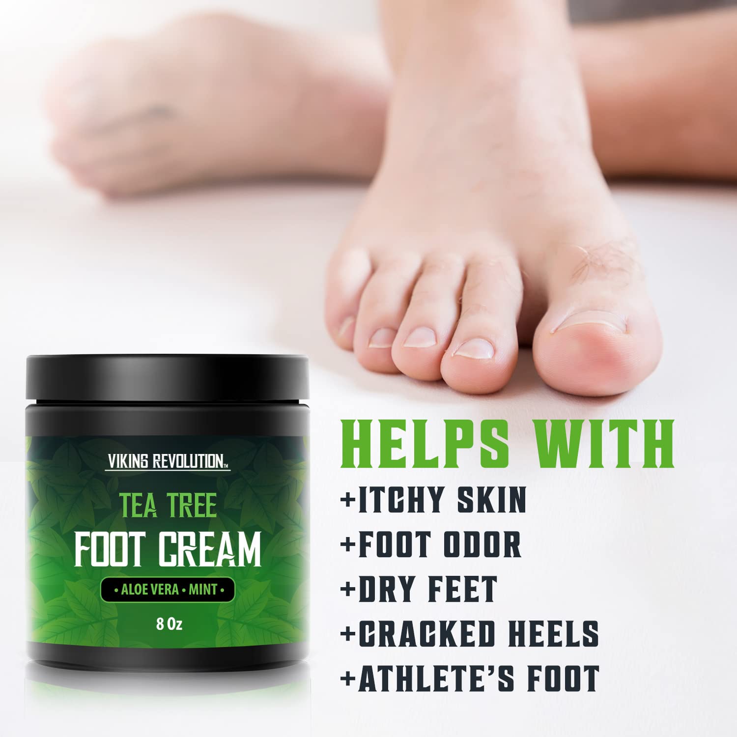 A jar of Tea Tree Foot Cream for Dry Cracked Heels is displayed alongside a list of its soothing benefits, highlighting natural ingredients, as bare feet in the background suggest its promise for effective treatment.