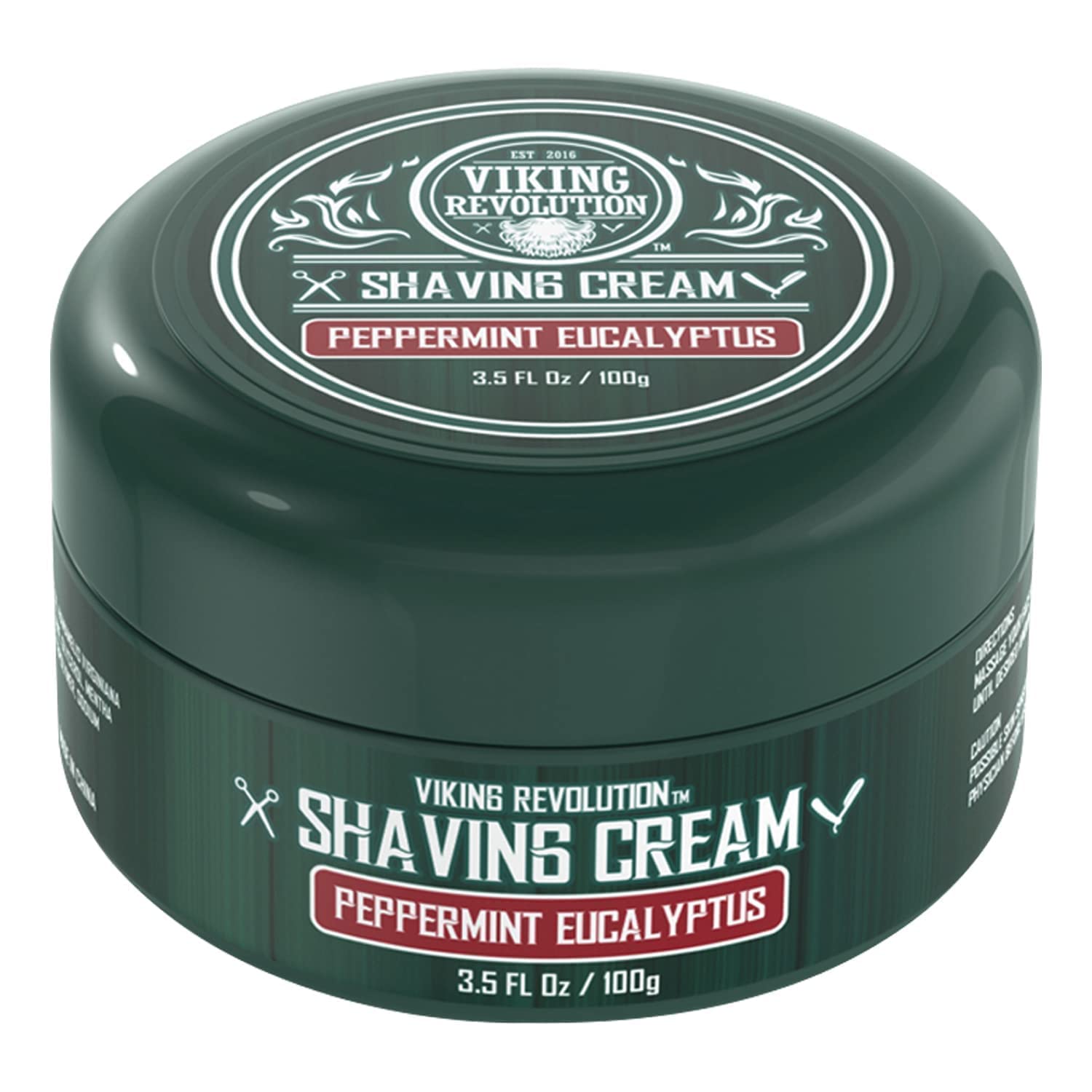 A 3.5 oz / 100g jar of Peppermint & Eucalyptus Shaving Cream by Viking Revolution, in a dark green container, offers a refreshing shaving experience with its invigorating scent.