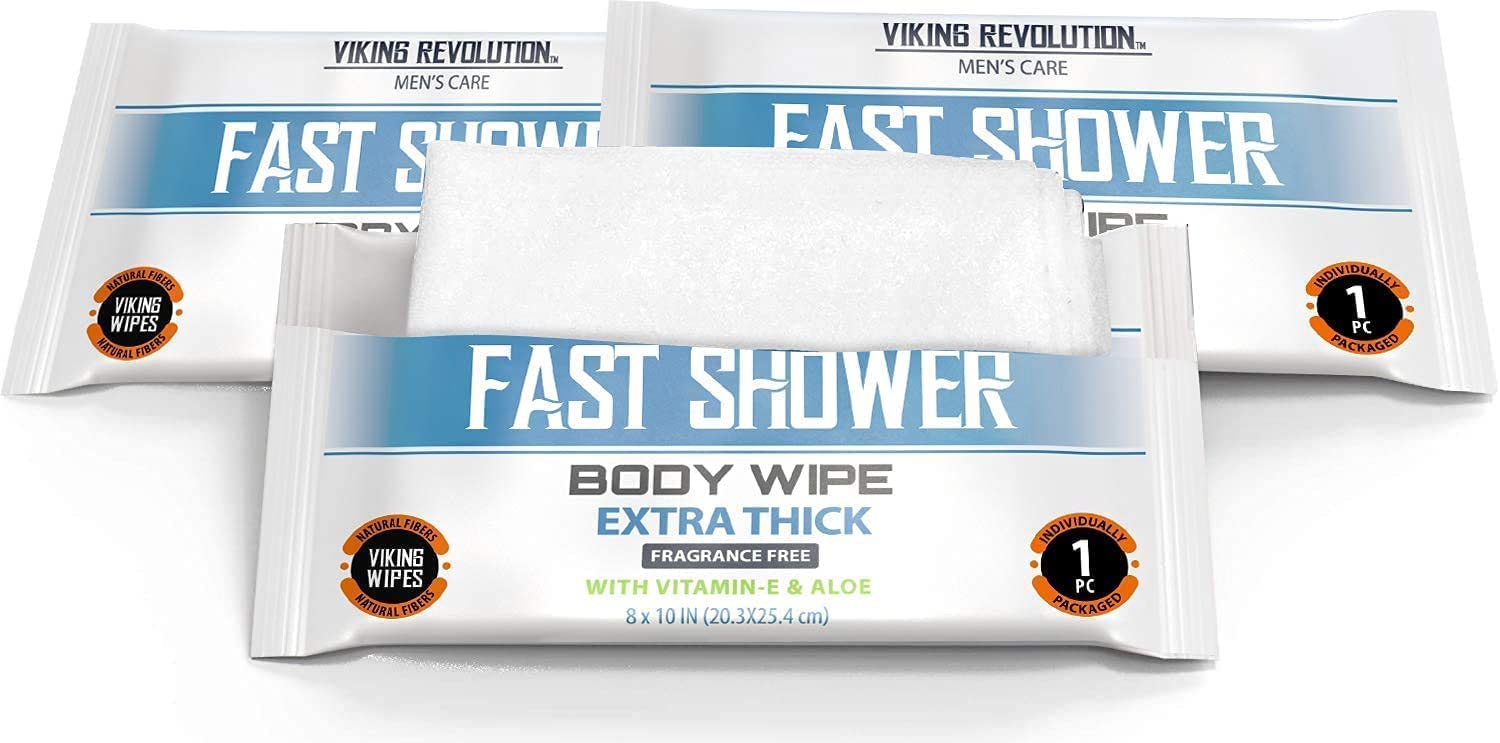 Three packs of Viking Revolution Body Wipes with Vitamin E & Aloe, labeled Fast Shower.