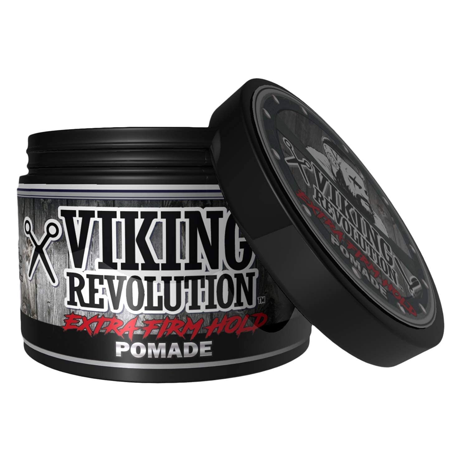 A jar of Extra Firm Hold Pomade, with natural ingredients, and an open lid showing the branding.
